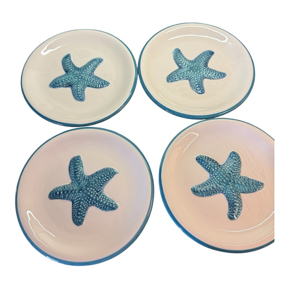 Blue Sealife by Maxcera - 4 Ceramic Plates with Beautiful Raised Starfish